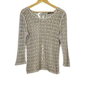Nic Zoe Womens Sweater M Beige Linen Blend Crochet Open Knit Silk Tie Back